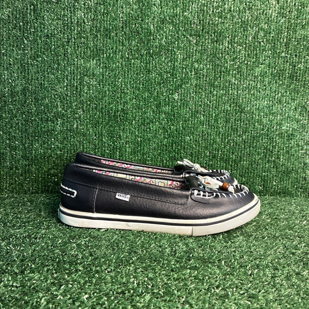 Vans Mikalah Leather Moccasin Woven Fringe Beaded Boat Shoes Black Womens Size 6